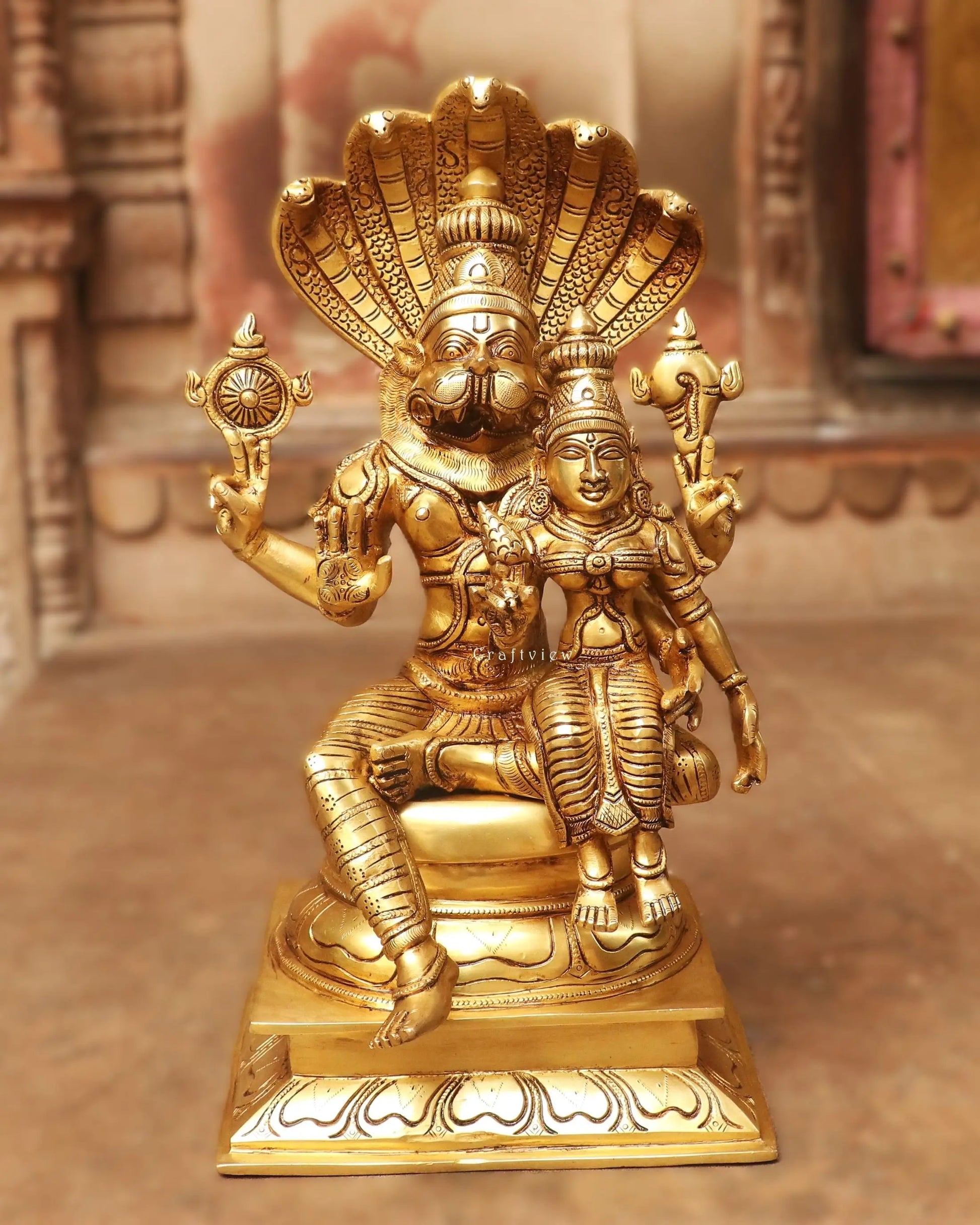 Brass Vishnu ( Narsimha ) Lakshmi Sculpture Gold Finish 17" Craftsview