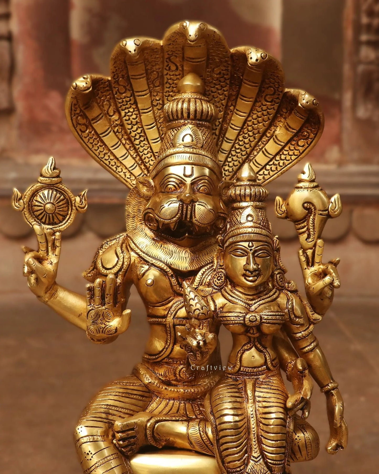 Brass Vishnu ( Narsimha ) Lakshmi Sculpture Gold Finish 17" Craftsview