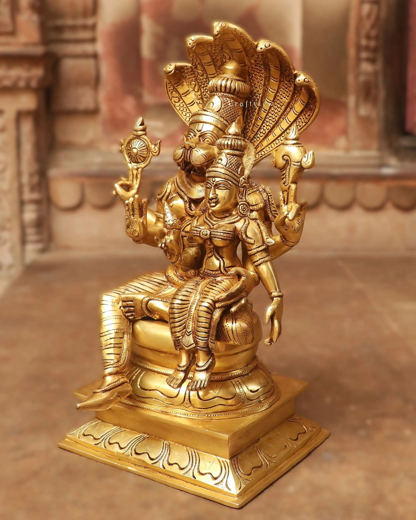 Brass Vishnu ( Narsimha ) Lakshmi Sculpture Gold Finish 17" Craftsview