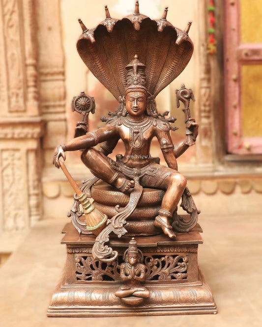 Brass Lord Vishnu Sculpture with Shesh Naag | Vintage Brown 28" craftsview