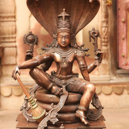 Brass Lord Vishnu Sculpture with Shesh Naag | Vintage Brown 28" craftsview