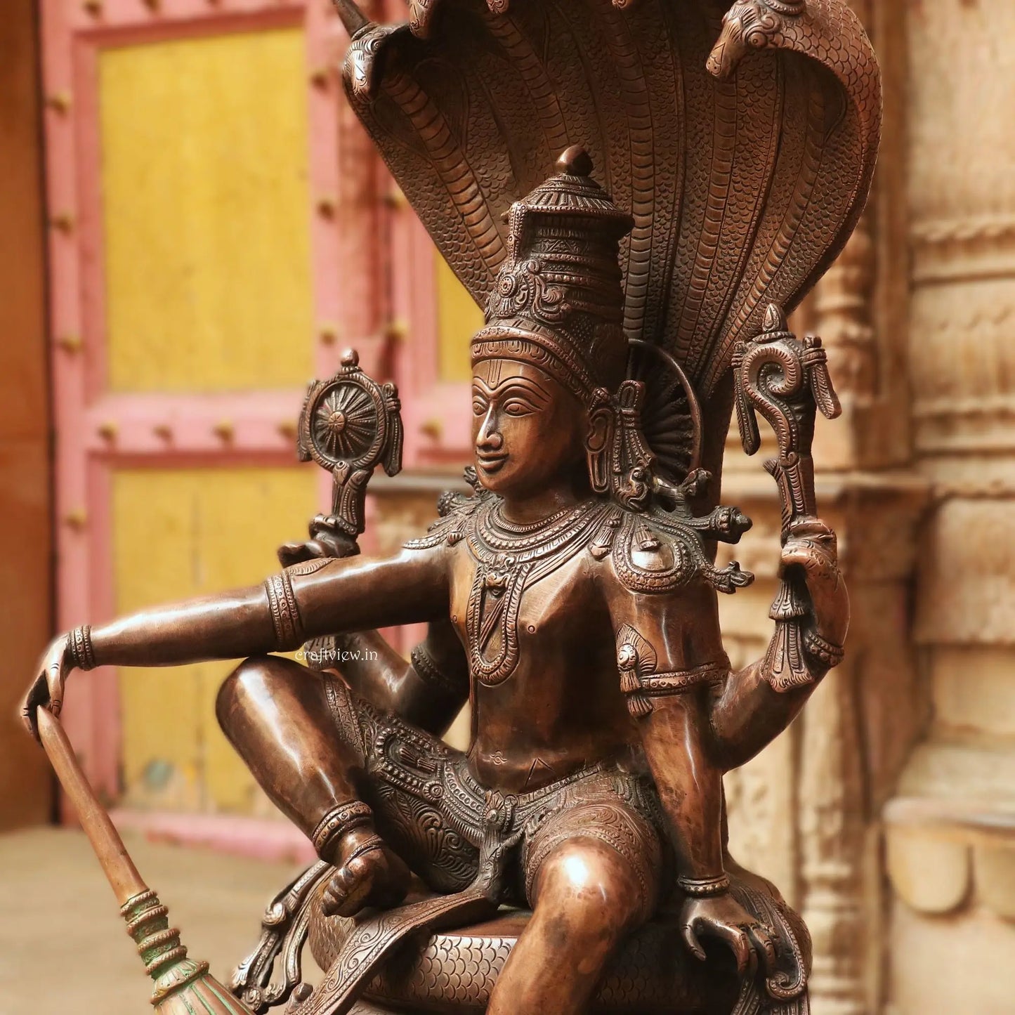 Brass Lord Vishnu Sculpture with Shesh Naag | Vintage Brown 28" craftsview