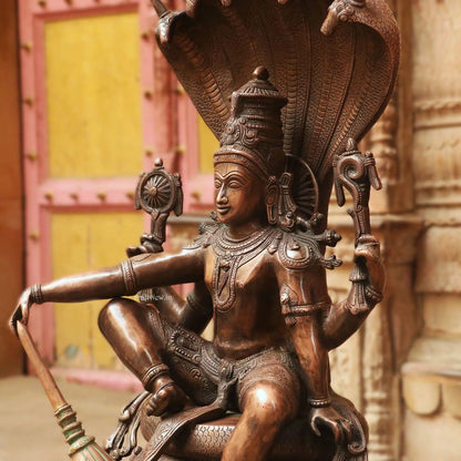 Brass Lord Vishnu Sculpture with Shesh Naag | Vintage Brown 28" craftsview