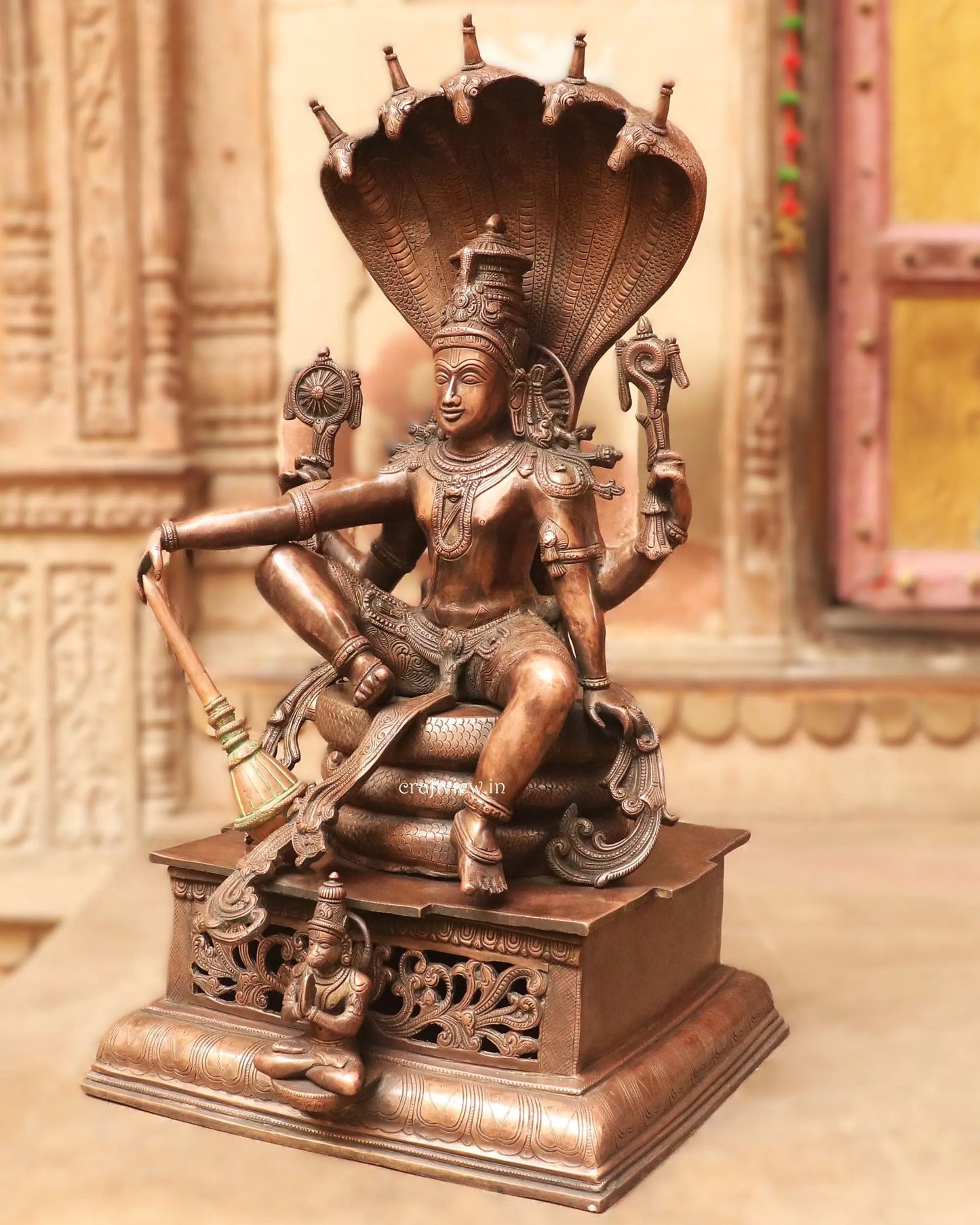 Brass Lord Vishnu Sculpture with Shesh Naag | Vintage Brown 28" craftsview