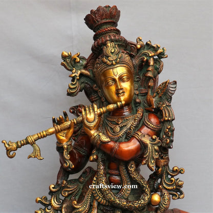 Lord Cow Krishna Sculpture Brass Copper Gold Green Finished 28" craftsview