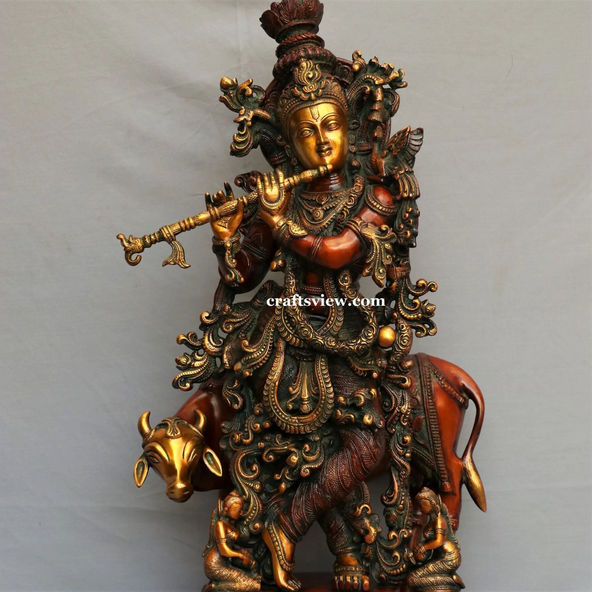 Lord Cow Krishna Sculpture Brass Copper Gold Green Finished 28" craftsview