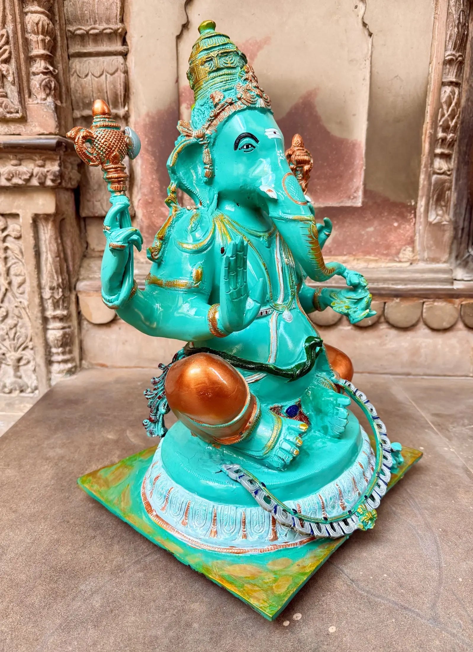 Brass Ganesha Statue Sitting On Floral Base 20" craftsview