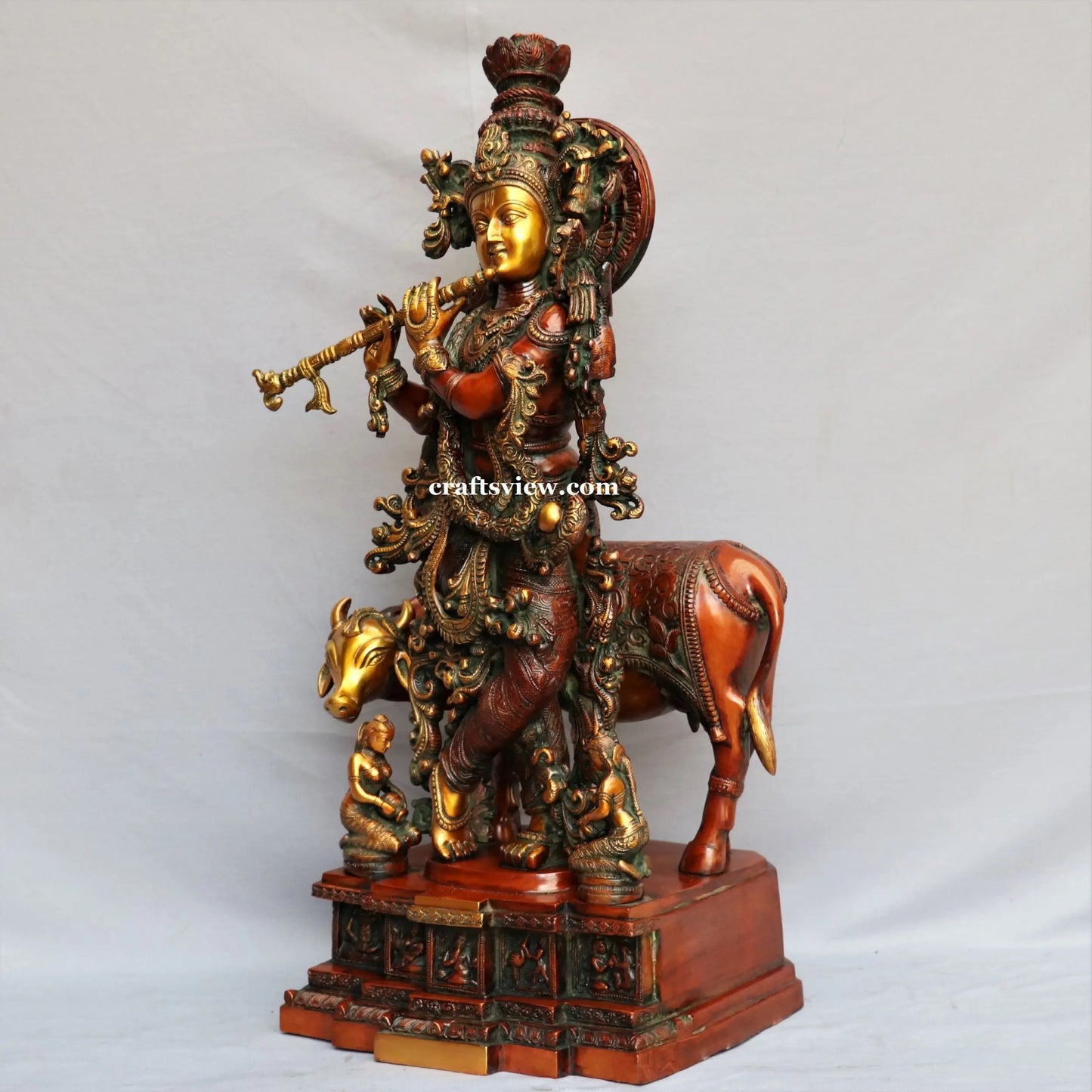 Lord Cow Krishna Sculpture Brass Copper Gold Green Finished 28" craftsview