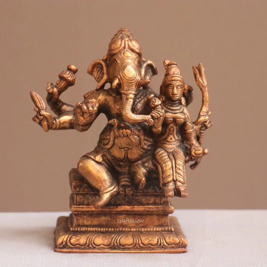 Pure Copper Ganapati Seated with Riddhi Idol | Fine Craft | 13 CM Craftsview