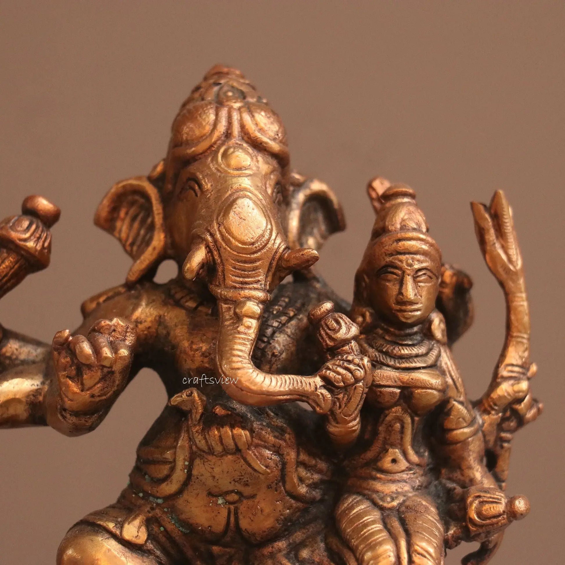 Pure Copper Ganapati Seated with Riddhi Idol | Fine Craft | 13 CM Craftsview