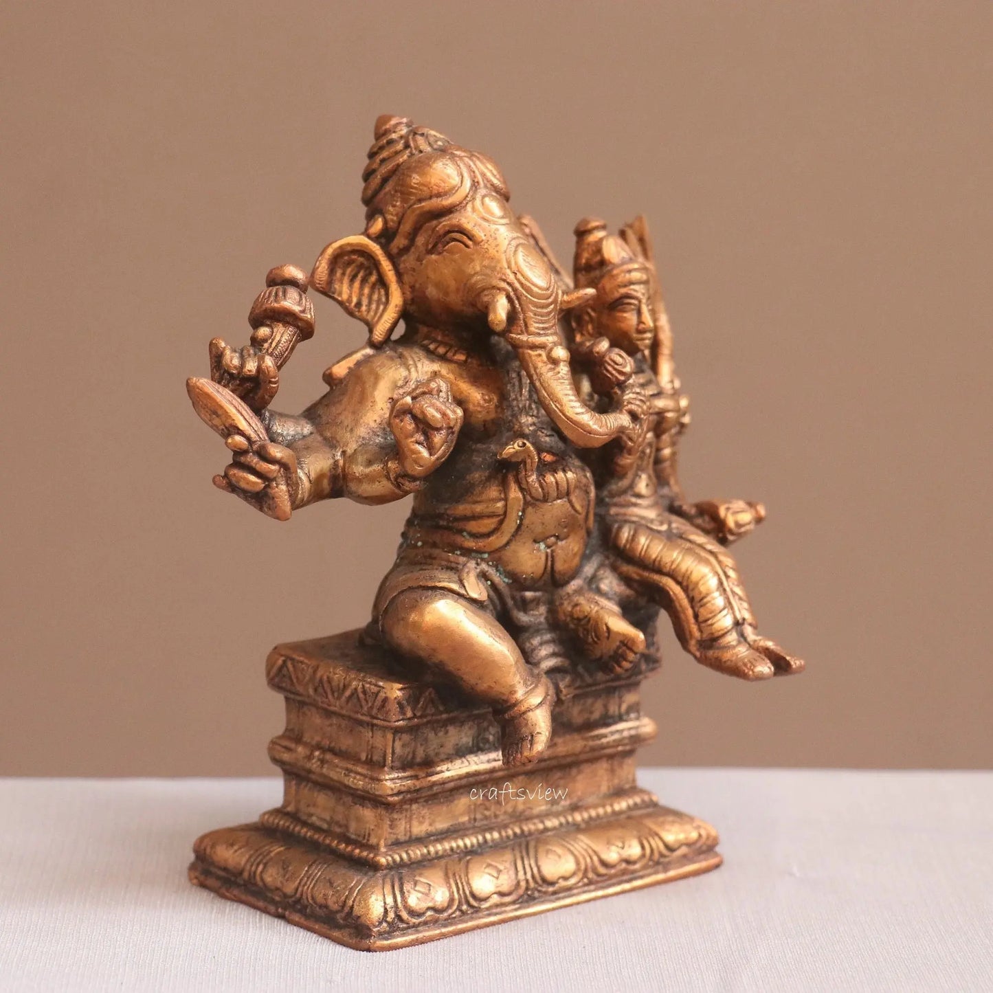 Pure Copper Ganapati Seated with Riddhi Idol | Fine Craft | 13 CM Craftsview