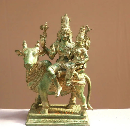 Brass Shiva Parvati Idol Sitting on Nandi Turquoise finished - Craftview