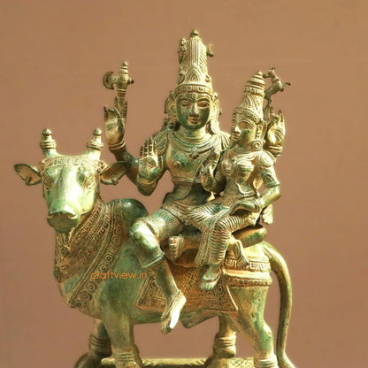 Brass Shiva Parvati Idol Sitting on Nandi Turquoise finished - Craftview