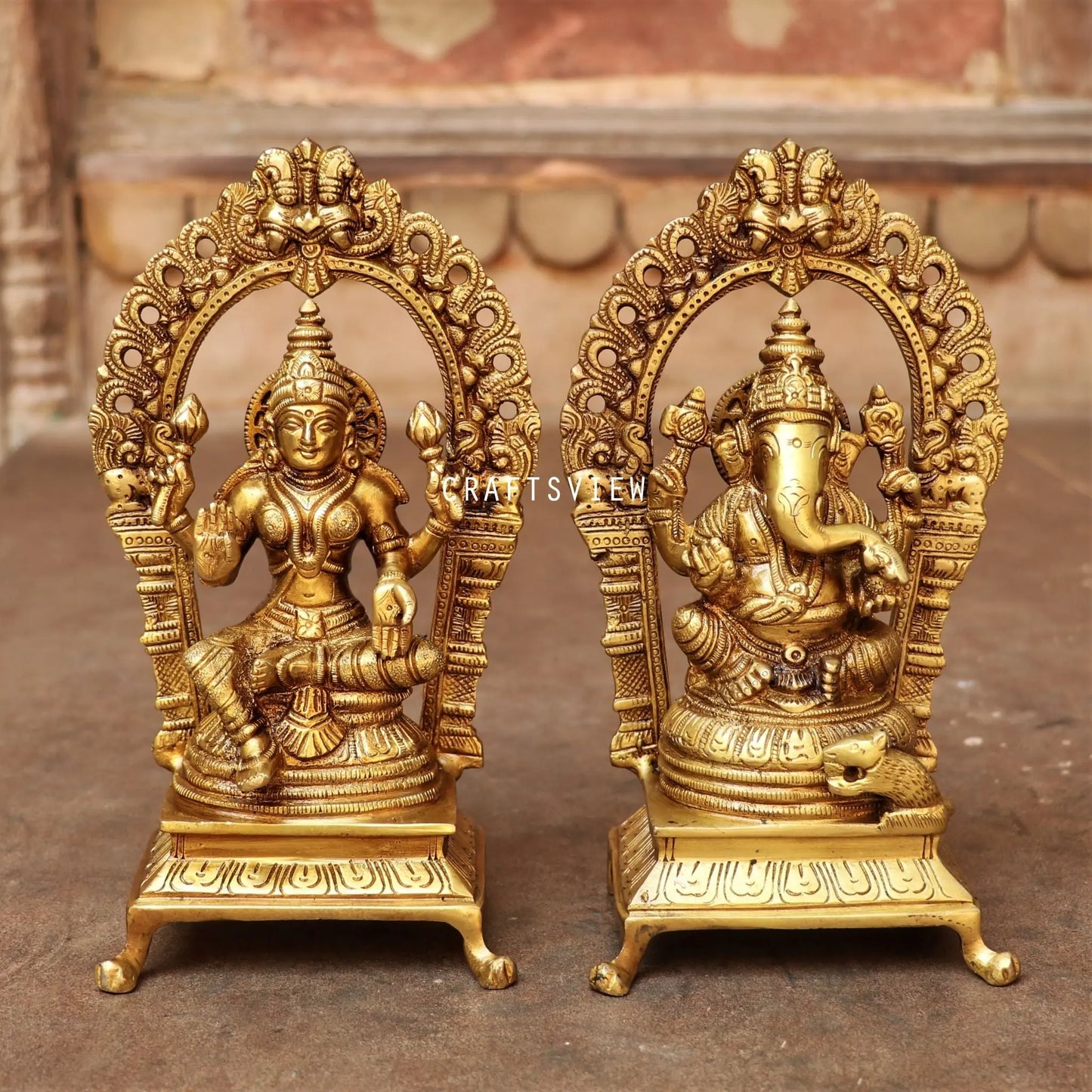 Brass Ganesha Lakshmi Statue 8.5" craftsview