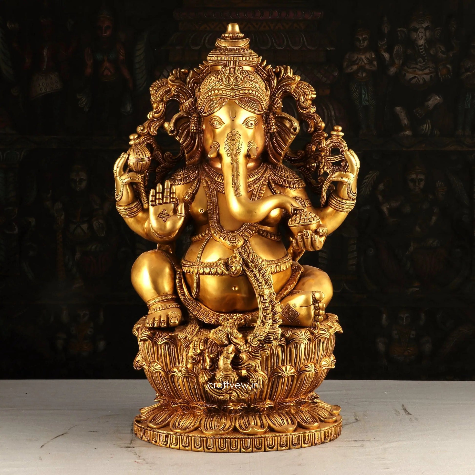 Brass Ganesha Statue Sitting on Lotus Base 24" craftsview