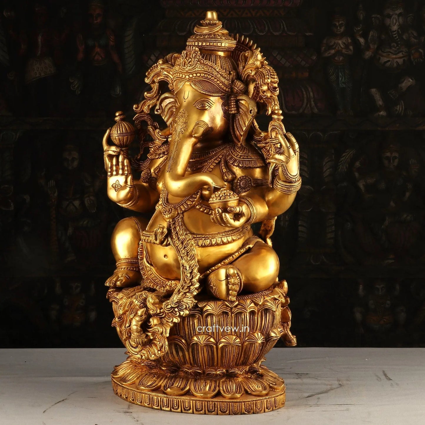 Brass Ganesha Statue Sitting on Lotus Base 24" craftsview