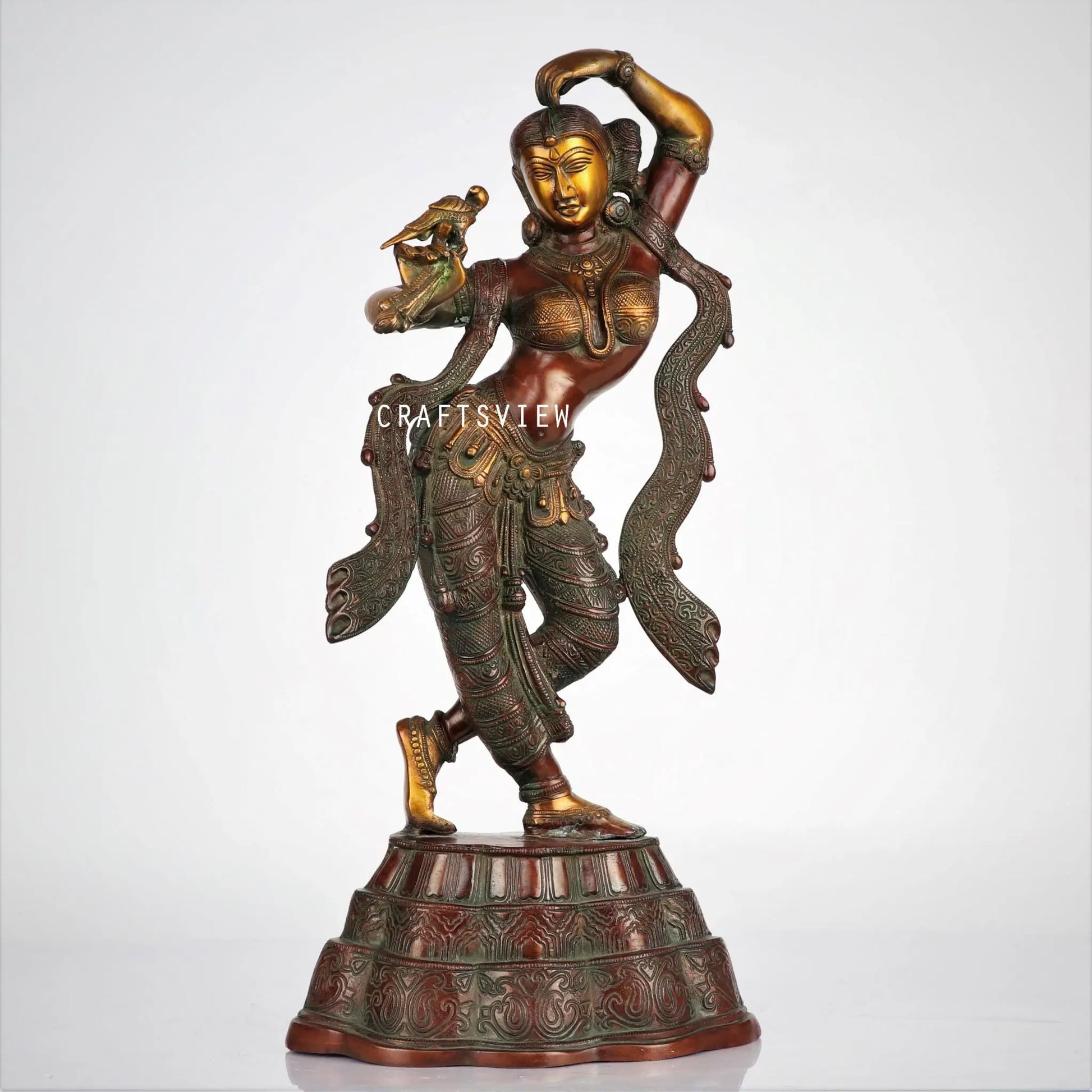 Brass Apsara Statue with Peacock Applying Vermillion | Handmade craftsview