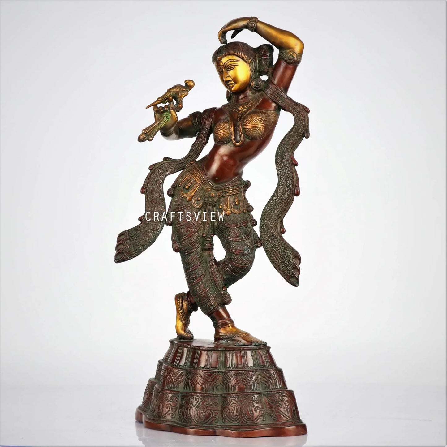 Brass Apsara Statue with Peacock Applying Vermillion | Handmade craftsview