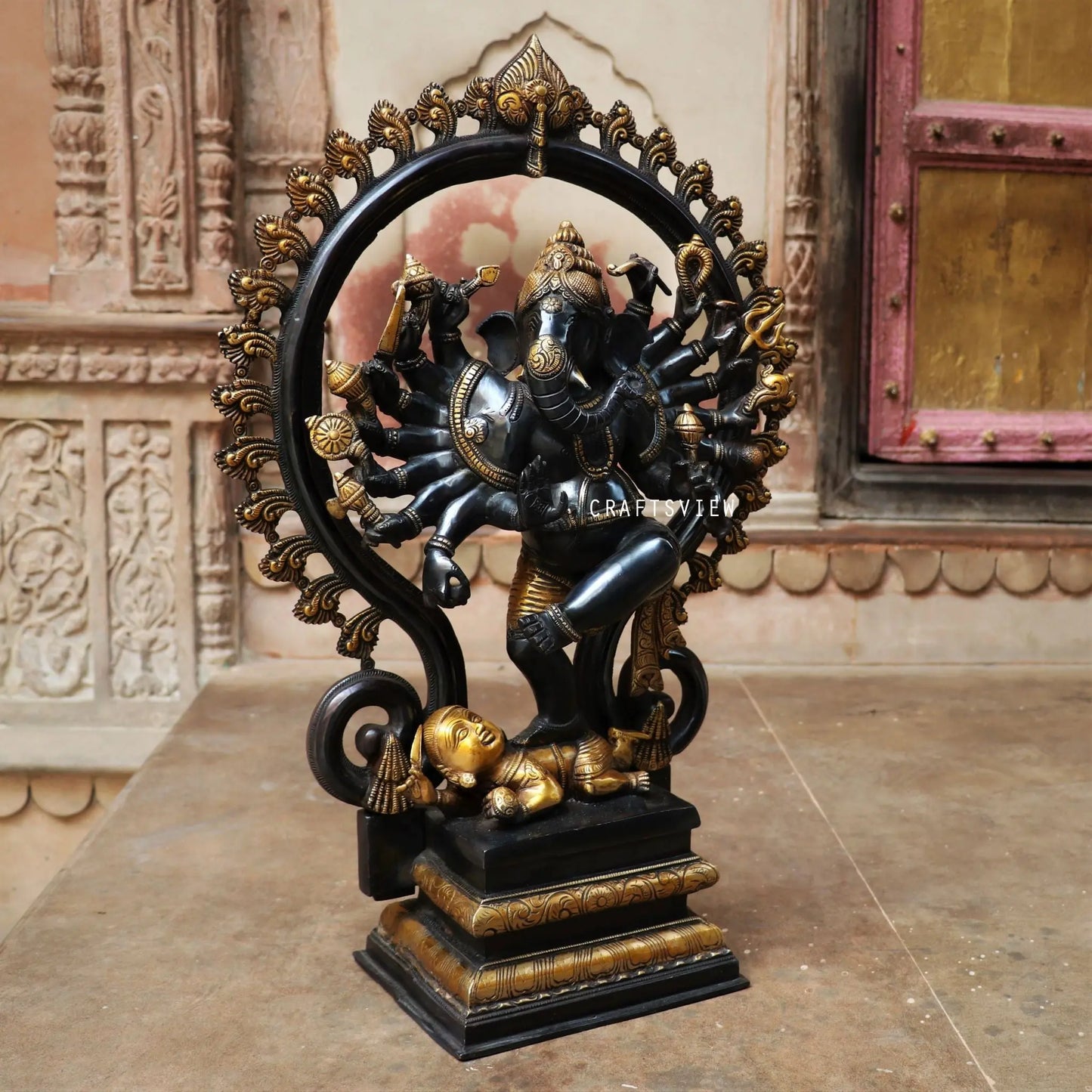 Brass Dancing Lord Ganesha Statue Gold Black 25" craftsview