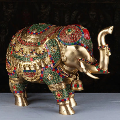 Brass Animal Elephant Sculpture Both Side Multi Stone Work craftsview