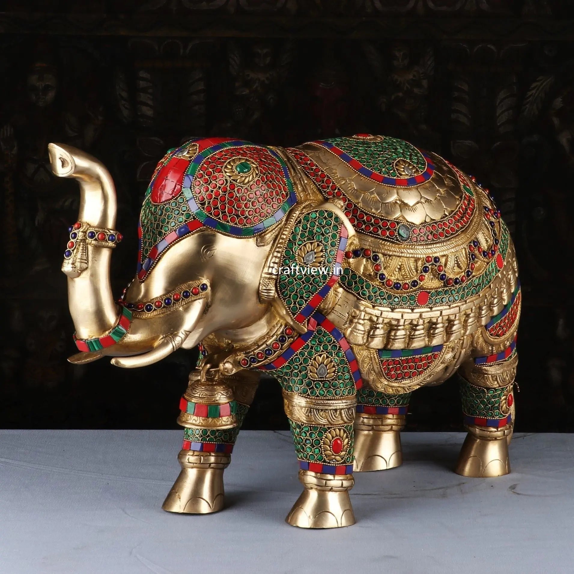 Brass Animal Elephant Sculpture Both Side Multi Stone Work craftsview