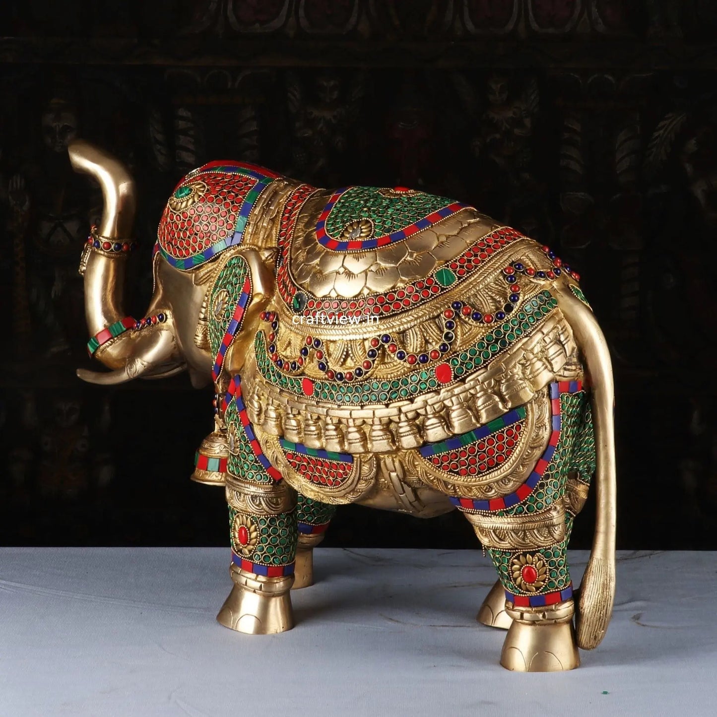 Brass Animal Elephant Sculpture Both Side Multi Stone Work craftsview