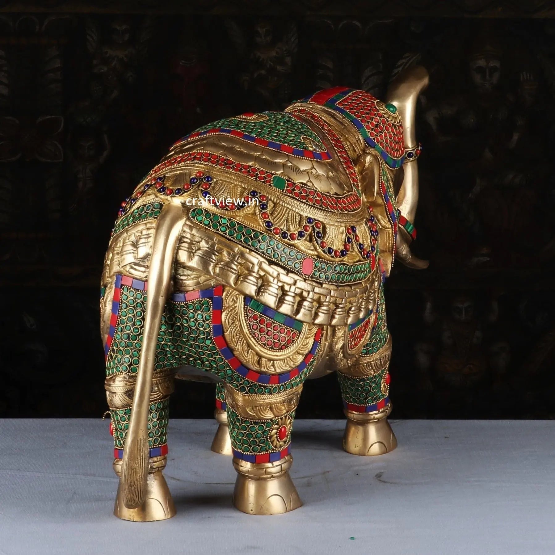 Brass Animal Elephant Sculpture Both Side Multi Stone Work craftsview