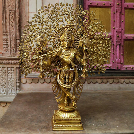 Brass Chaturbhuja Krishna With Tree 36" craftsview