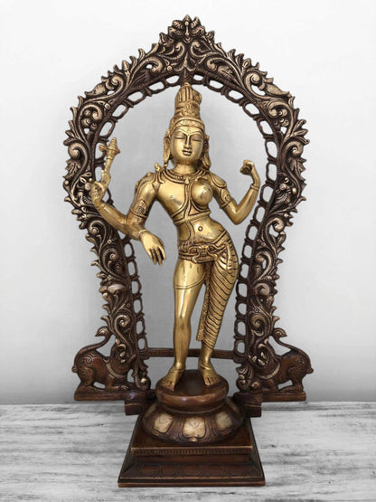 18" Ardhanarishvara - The Half Male and Half Female Form of Shiva with Floral Aureole In Brass Statue