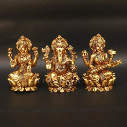 4" Superfine Ganesh Lakshmi Sarasvati Brass Idols Set of 3 Peace's - Craftview