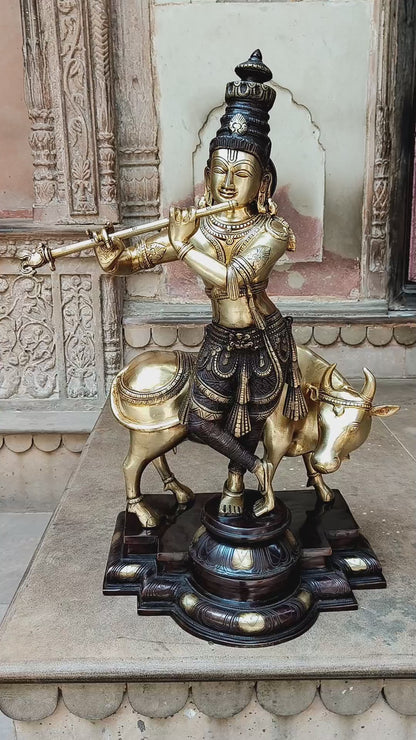 Lord Krishna With Cow standing on base Brass Statue 26.5"