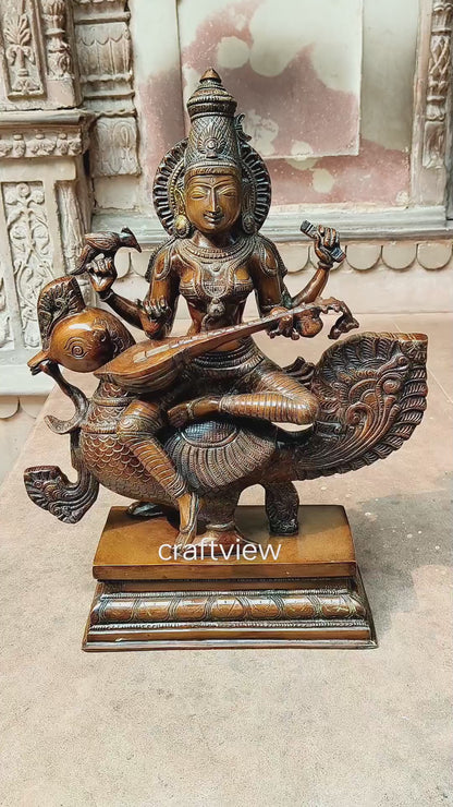 Sarasvati Sculpture Sitting On Peacock Copper Bronze finished