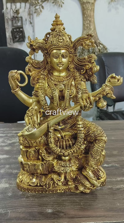 Brass Superfine Handmade Sarasvati Statue. 15"