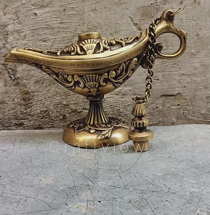 7" Brass Aladdin Magic Lamp, Tumbled Gold