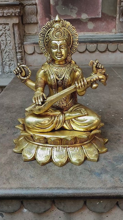 Brass Sarasvati Statue Fine Carving 15"