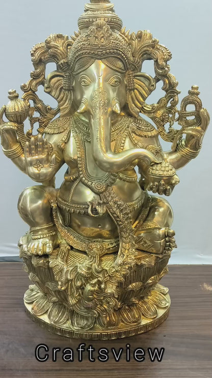 Brass Ganesha Statue Sitting on Lotus Base 24"