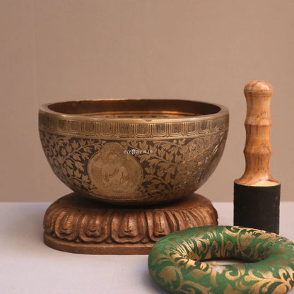 9" Buddhist Hand Beaten Jambati Singing Bowl with Buddha Carving Flower Design Craftsview