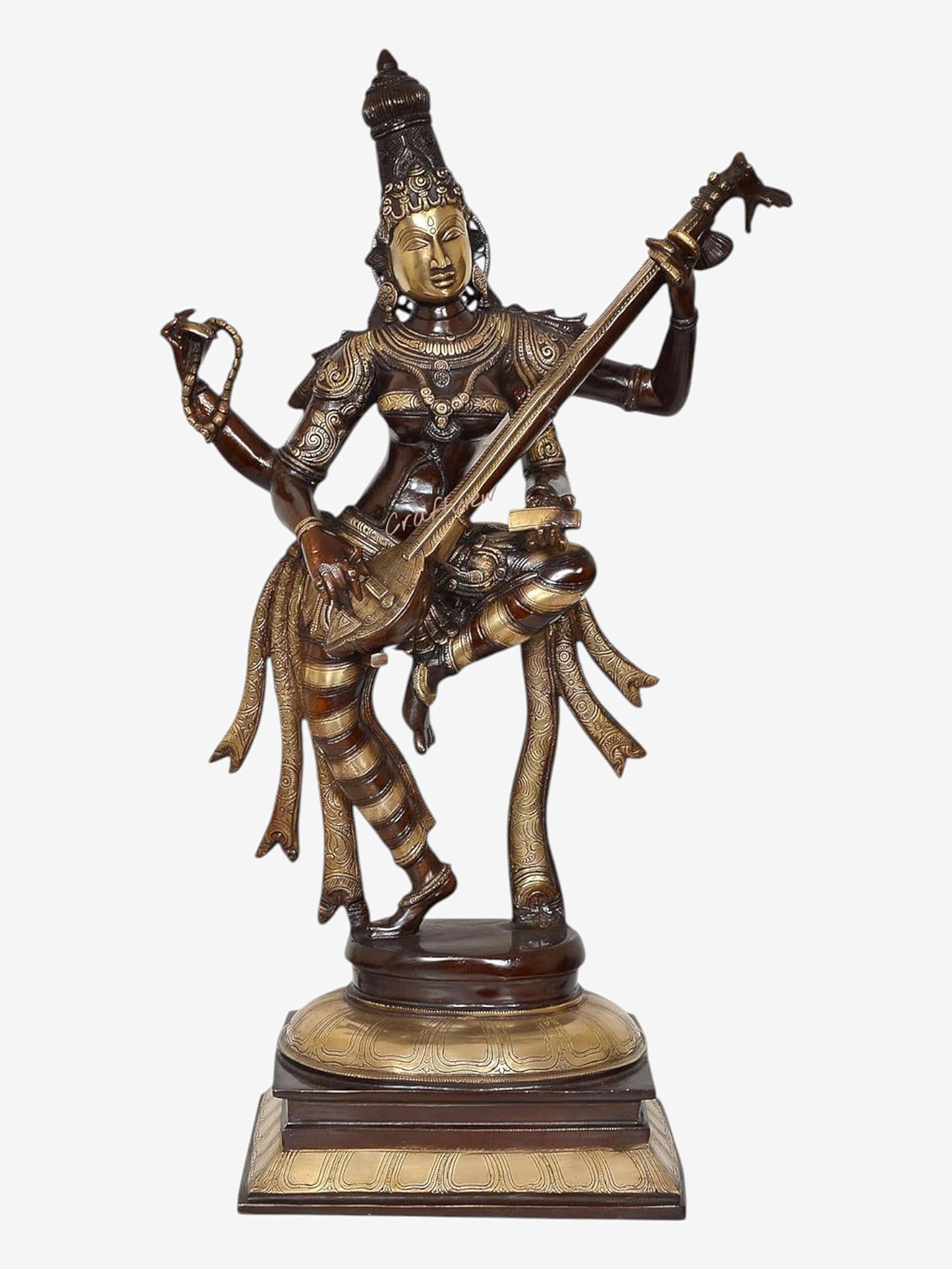 Brass Sarasvati Sculpture standing on Base 32"