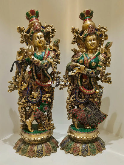 Brass Radha Krishna Statue With Multicolor Stone Work - Craftview