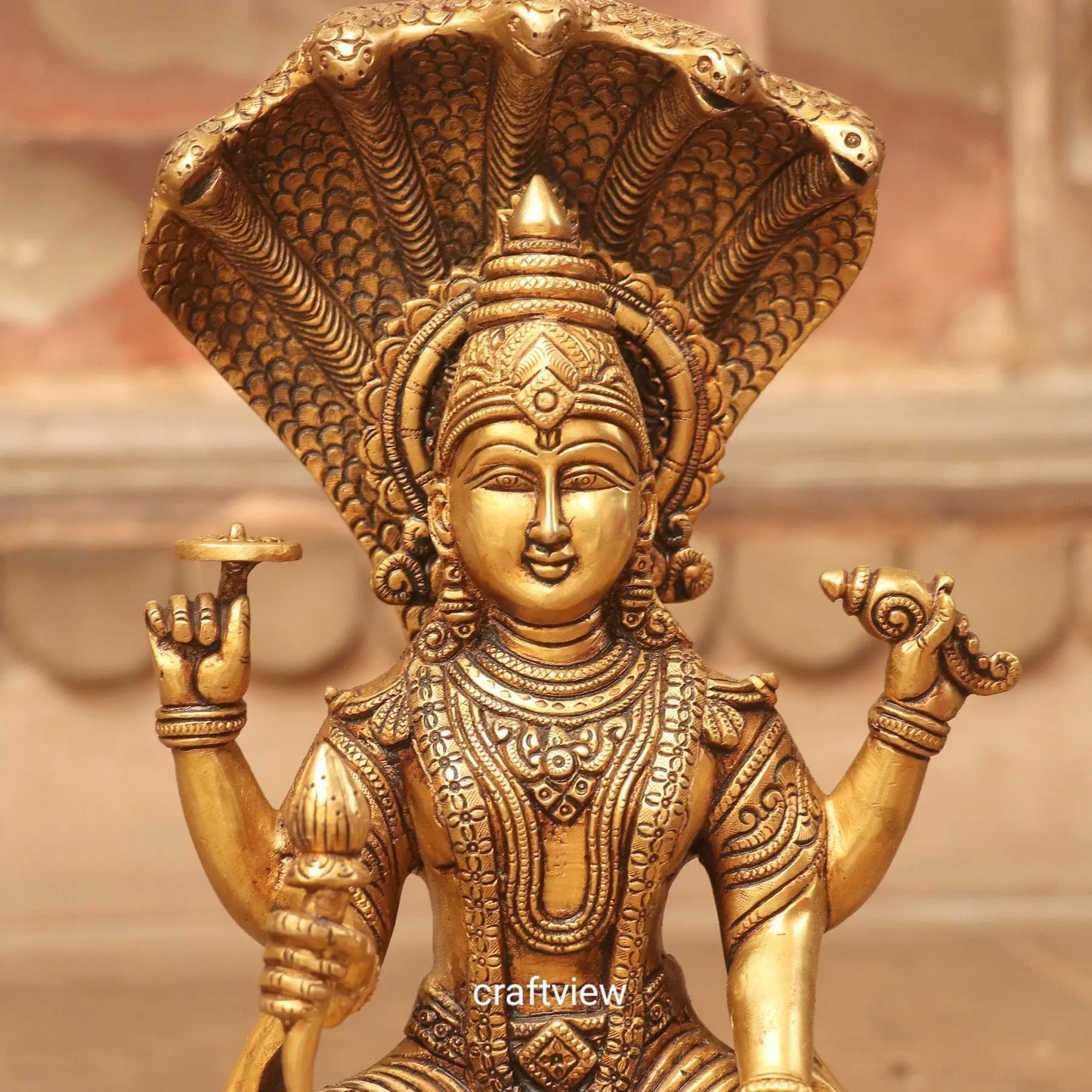 Brass Vishnu Sculpture Sitting on Shesh Naag 12.5" craftsview