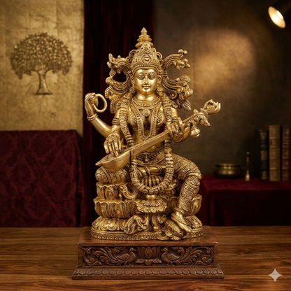 Brass Superfine Handmade Sarasvati Statue. 15"