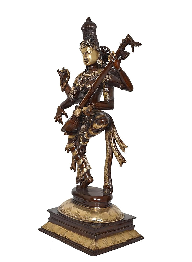 Brass Sarasvati Sculpture standing on Base 32"