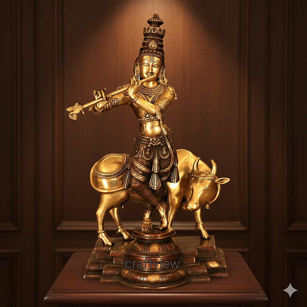 Lord Krishna With Cow standing on base Brass Statue 26.5"