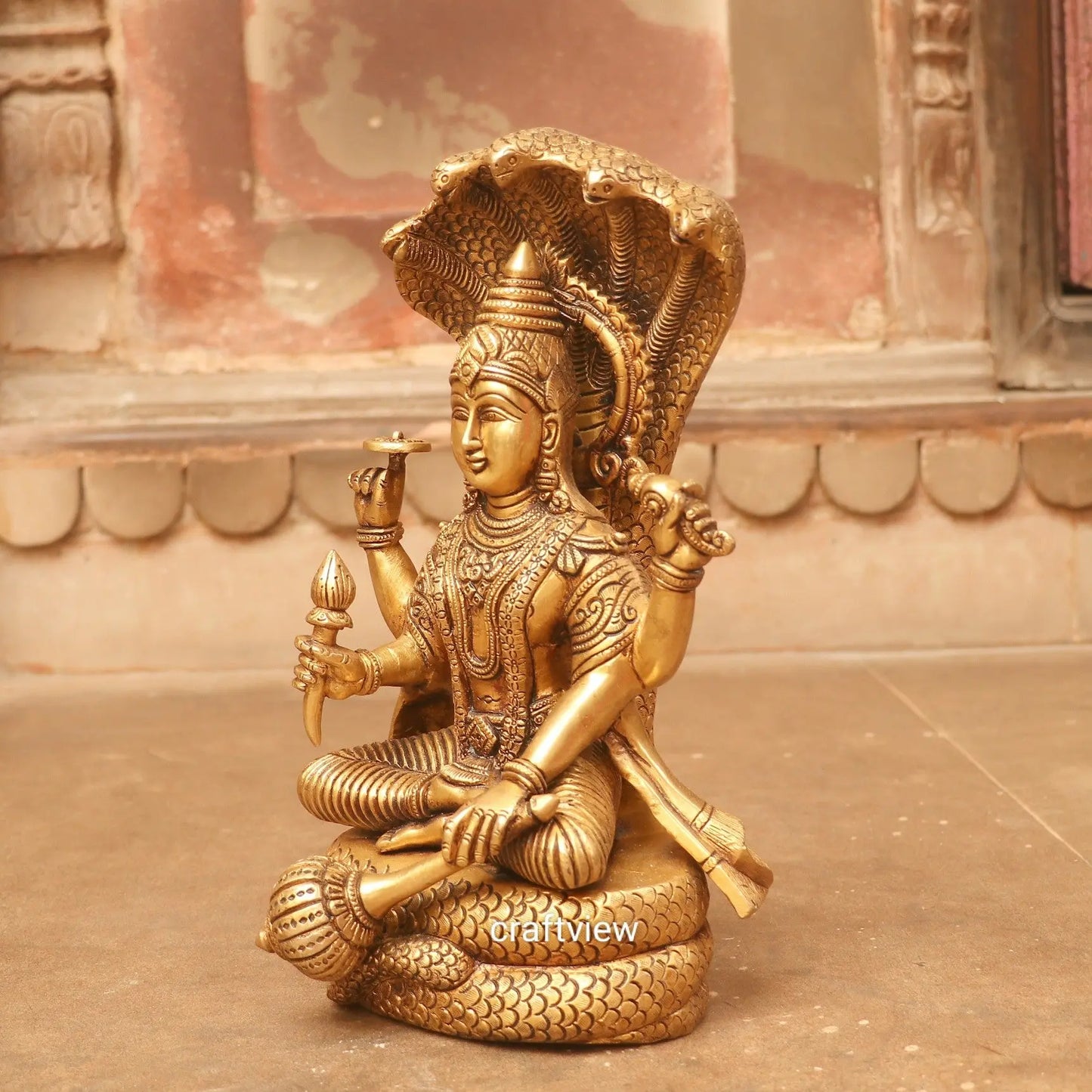 Brass Vishnu Sculpture Sitting on Shesh Naag 12.5" craftsview