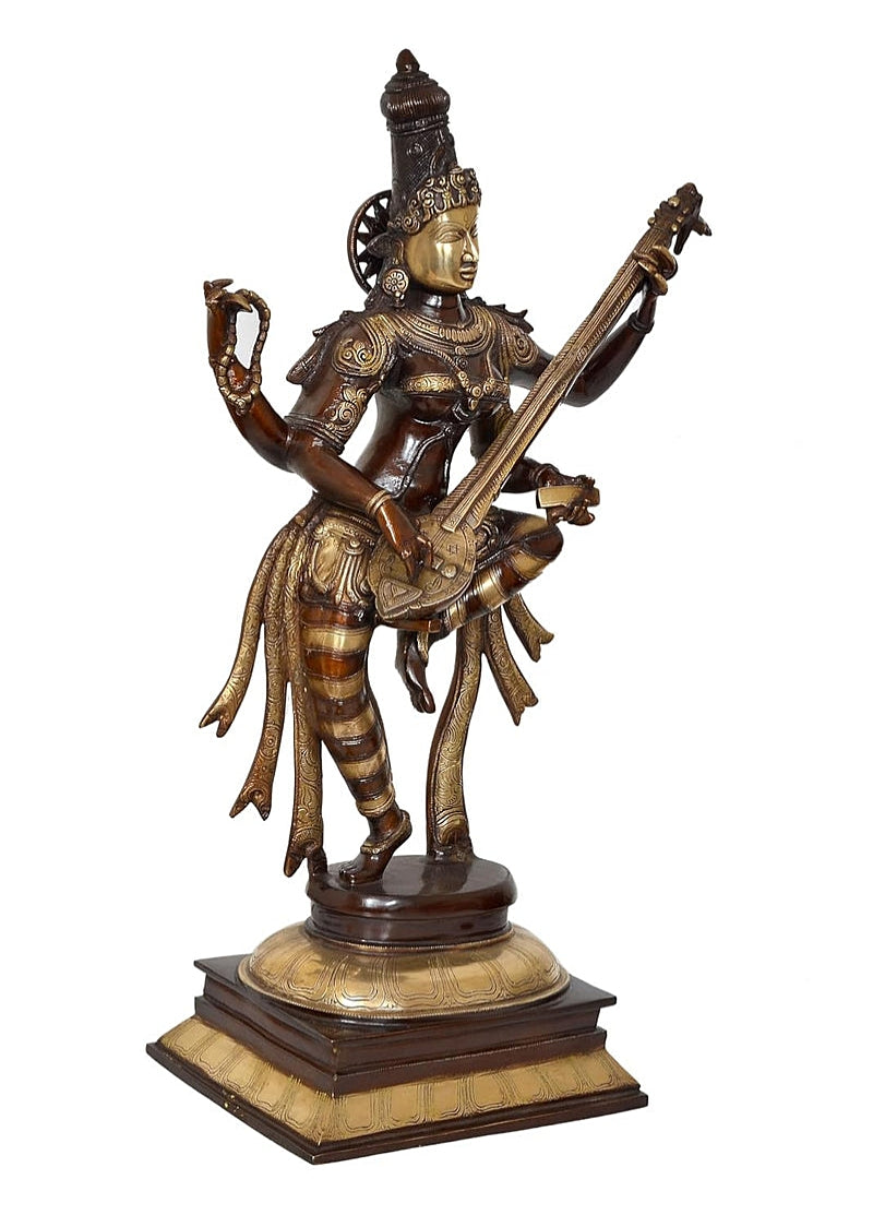 Brass Sarasvati Sculpture standing on Base 32"