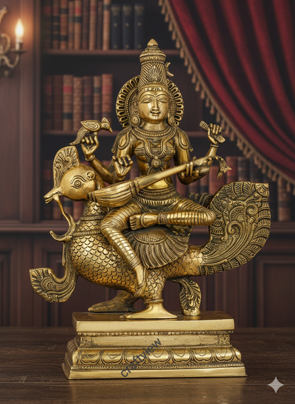 Brass Sarasvati Chola Sculpture Sitting On Peacock