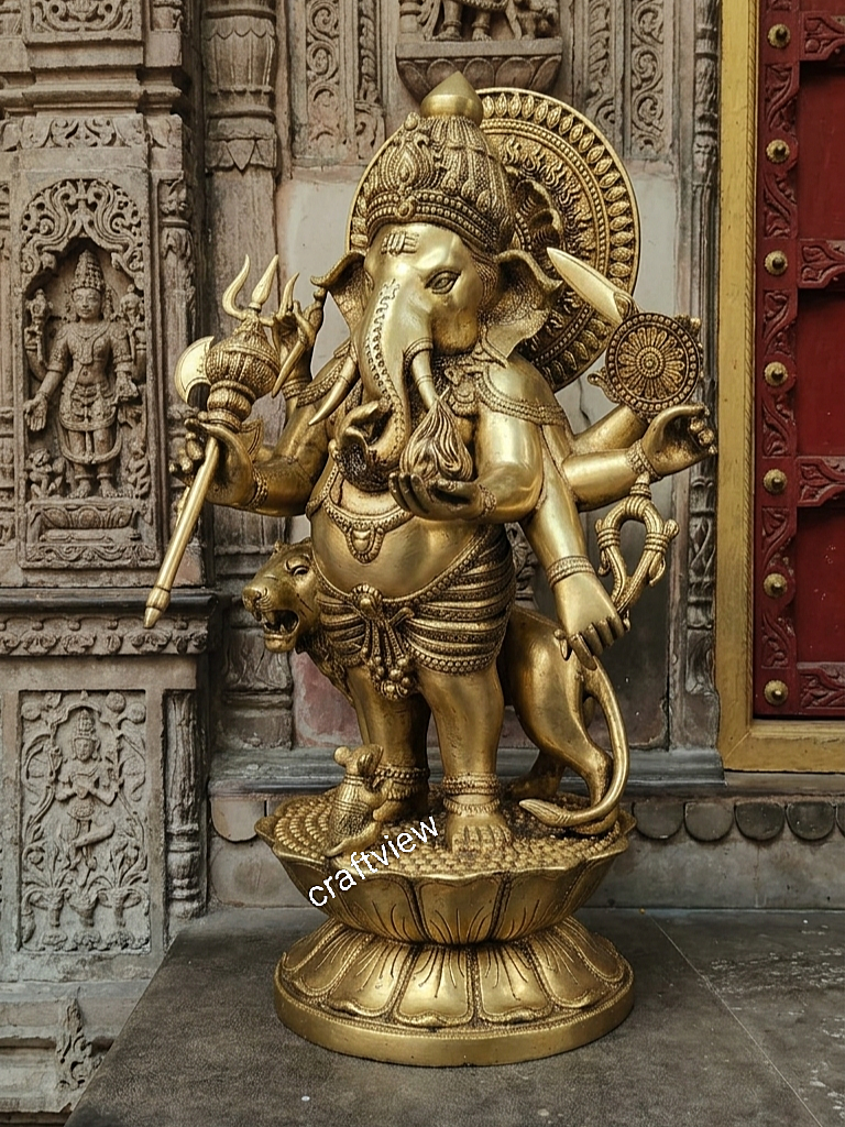 Lord Ganesha Eight Hand Brass Standing Statue. 24"
