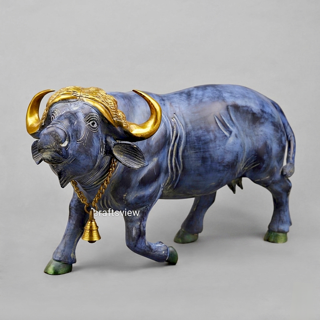 Brass Buffalo with Golden Horns – Antique Blue Finish