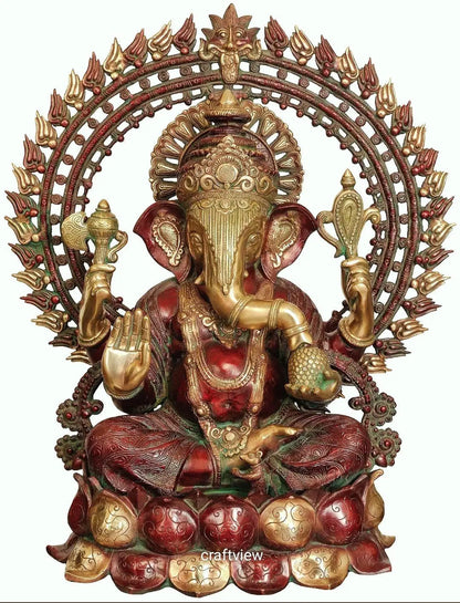 Brass Prabhavali Lord Ganesha Sited on lotus base 26" craftsview