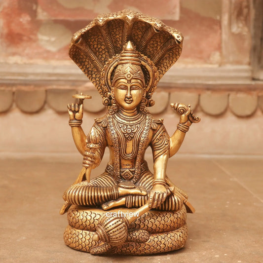 Brass Vishnu Sculpture Sitting on Shesh Naag 12.5" craftsview